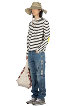 Stripe Jersey Crew LS Tee (RAINBOWY Patch) - Black X Natural -Modish Attire Store Kapital Stripe Jersey Crew LS Tee RAINBOWY Patch Black x Natural EK 1432 BNA 07 m