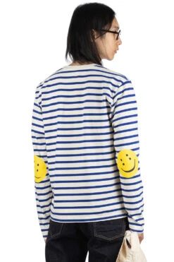 Stripe Jersey Crew LS Tee (RAINBOWY Patch) - Natural X Blue